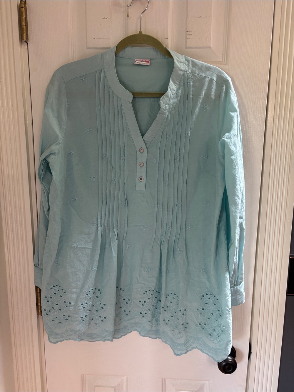 Embroidered Light Blue Cotton Tunic with Pintuck Front